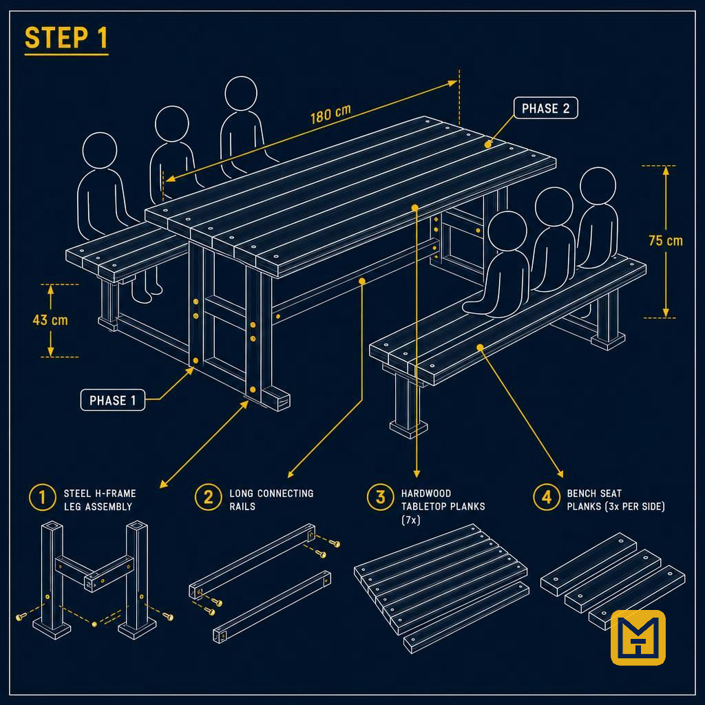 6-Person Outdoor Picnic Table — Steel H-Frame with Hardwood Planks
